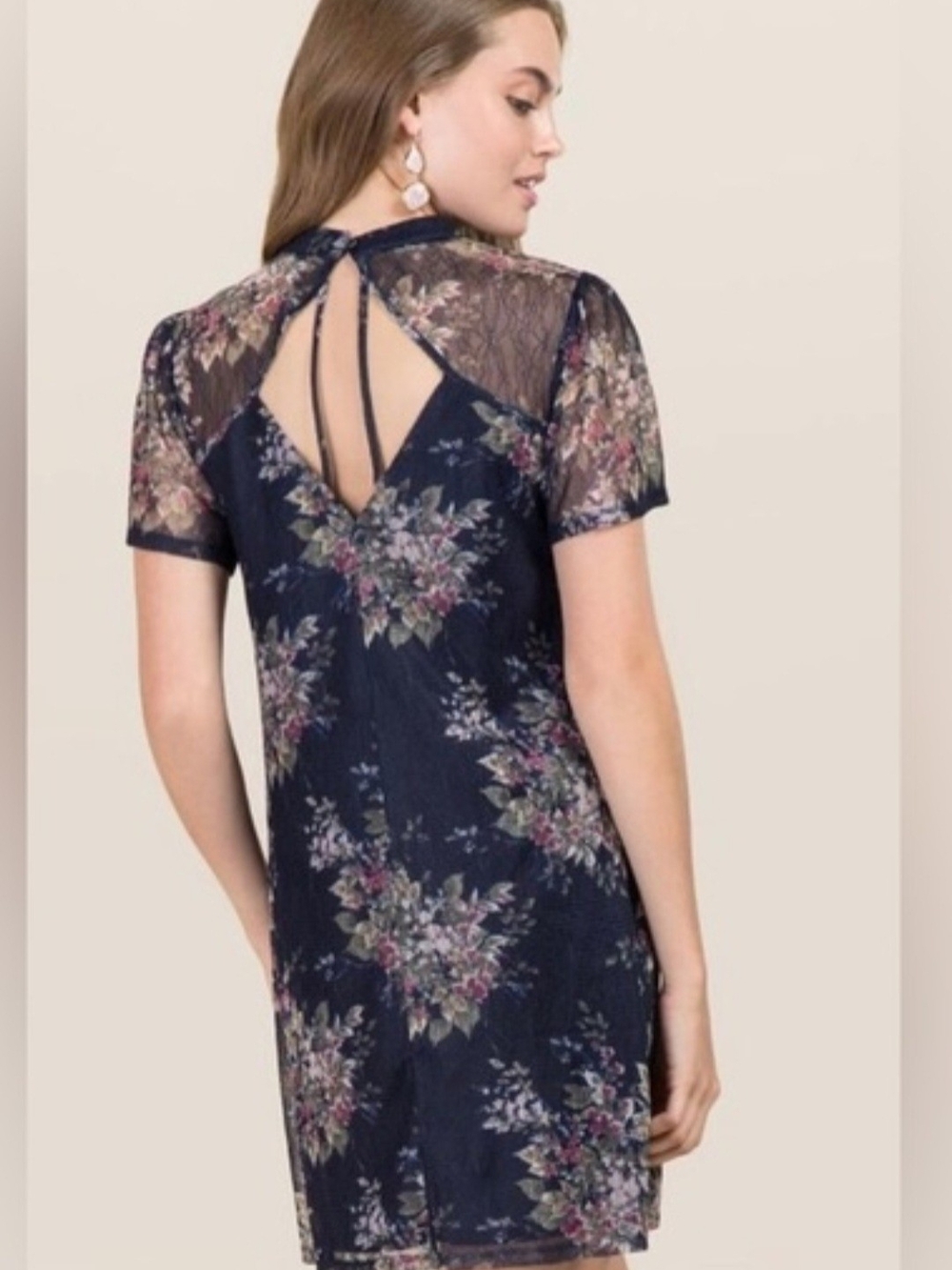 Francesca's Blue Rain Navy Floral Sheer Lace-Back Mini Dress Size Medium